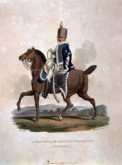 Colnaghi und Co. 1812-15によって発行されたJCスタドラーによって刻まれた「最後の規則1812によると、大英帝国の陸軍の衣装」からの18番目の軽竜騎兵（ハサー）の私物 作： Charles Hamilton Smith