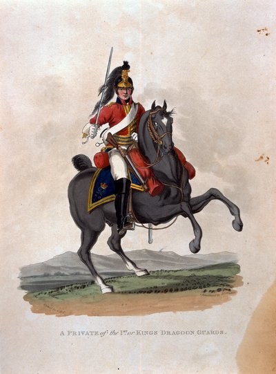 Colnaghi und Co. 1812-15によって発行されたJCスタドラーによって刻まれた「大英帝国陸軍の衣装、最後の規則1812による」の1人目のプライベート、またはキングのドラグーンガード 作： Charles Hamilton Smith