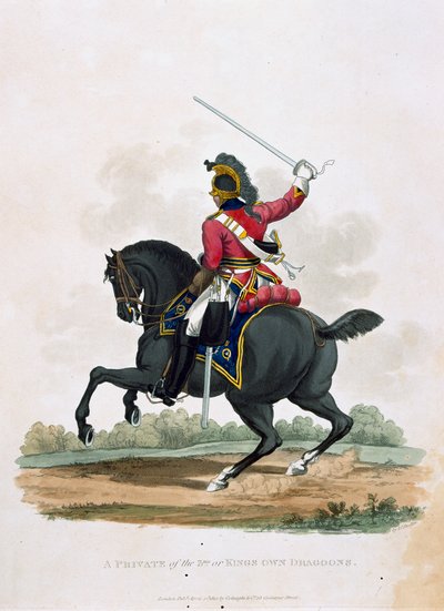 Colnaghi und Co. 1812-15によって発行されたJCスタドラーによって刻まれた「最後の規則1812によると、大英帝国の陸軍の衣装」からの第3のプライベートまたはキング自身のドラグーン 作： Charles Hamilton Smith