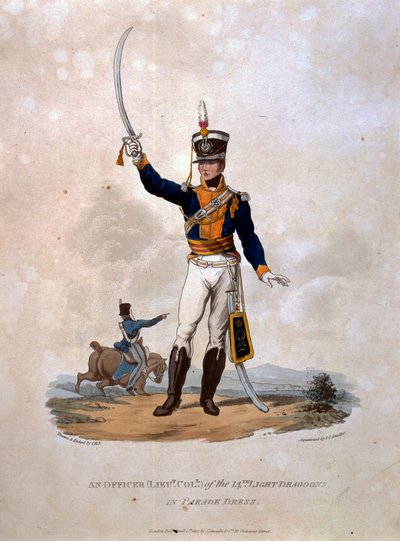 Colnaghi und Co.が発行したJC Stadlerによって刻まれた「大英帝国軍のコスチューム、最後の規則1812による」からの第14軽竜騎兵のパレードドレスの役員 作： Charles Hamilton Smith