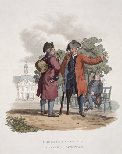 ジョセフコンスタンティンスタッドラー（fl.1780-1812）によって刻まれた「大英帝国の軍の衣装」からのチェルシー年金受給者、騎兵および歩兵、1812-15年公開 作： Charles Hamilton Smith