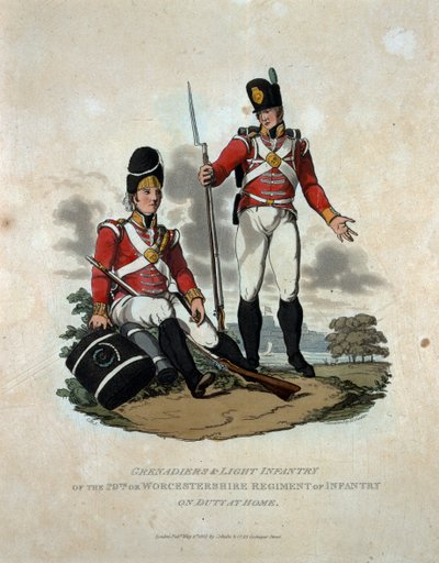 「大英帝国陸軍の衣装、1812年の最後の規制による」から刻まれた、第29回グレナディアと軽歩兵、または自宅勤務のウスターシャー連隊 作： Charles Hamilton Smith