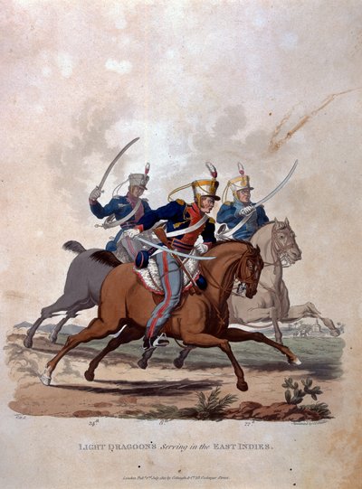 Colnaghi und Co. 1812-15によって発行されたJCスタドラーによって刻まれた「大英帝国軍のコスチューム、最後の規則1812による」から東インド諸島に仕える軽い竜騎兵1812-15（色 作： Charles Hamilton Smith