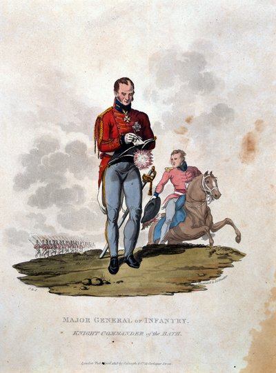 Colnaghi und Co.から出版されたJCスタドラーによって刻まれた「大英帝国の軍の衣装、最後の規則1812による」からのバスの歩兵騎士長官の少将。 作： Charles Hamilton Smith