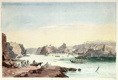 マスカットの小川（オマーン）。チャールズ・ハミルトン・スミス中佐（1776-1859）の絵画 作： Charles Hamilton Smith