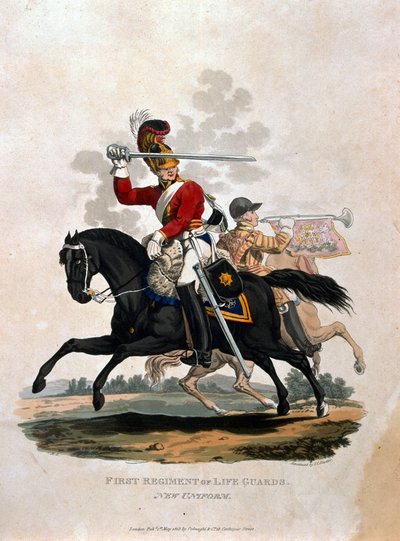 Colnaghi und Co. 1812-15によって発行されたJCスタドラーによって刻まれた「大英帝国軍のコスチューム、最後の規則1812による」からのライフガードの最初の連隊の兵士 作： Charles Hamilton Smith