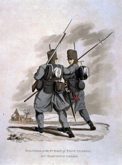 JCスタドラーによって刻まれた「大英帝国軍のコスチューム、最後の規則1812による」から、行進の第1歩兵連隊の兵士。 作： Charles Hamilton Smith
