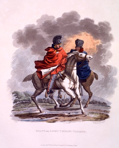「最後の規則によると大英帝国の衣装」から1815年に公開された重騎兵と軽騎兵の制服（手塗りのアクアチント） 作： Charles Hamilton Smith