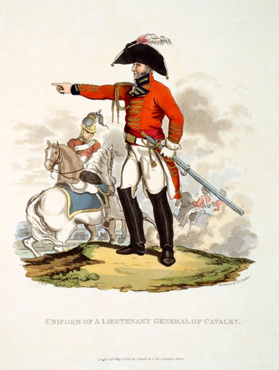 「最後の規則によると大英帝国のコスチューム」からの騎兵中尉の制服、1813年公開（手塗りのアクアチント） 作： Charles Hamilton Smith