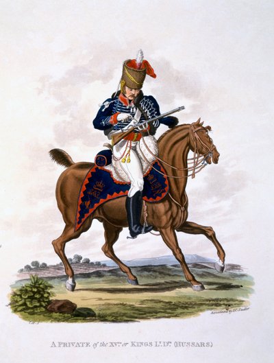 「最後の規則によると、大英帝国の衣装」からの1512またはキングのライトドラグーン（Hussars）の私服のユニフォーム、1812-15（ハンドカラーのアクアチント）公開 作： Charles Hamilton Smith