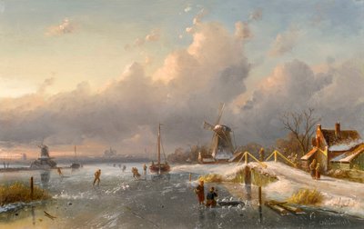 凍った水路に風車とスケーターがいる冬の風景、1840年代から50年代 作： Charles Henri Joseph Leickert