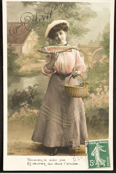 古い絵葉書/April Fish/Woman of Belle Epoque 作： Augustus Kollner