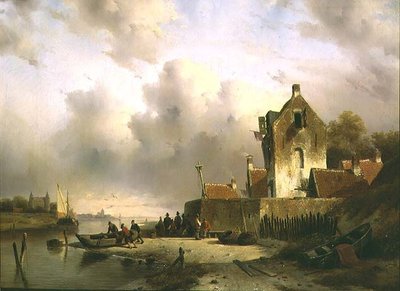 岸壁のそばに漁師がいる河口の風景 作： Charles Henri Joseph Lieckert
