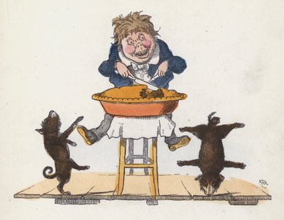 パイを食べている少年とアクロバティックな演技をするペットの犬（彩色済み彫刻 作： Charles Henry (after) Bennett