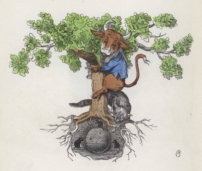 チーズを食べるネズミを狩っている猫の上の木に登っている牛（彩色彫刻 作： Charles Henry (after) Bennett