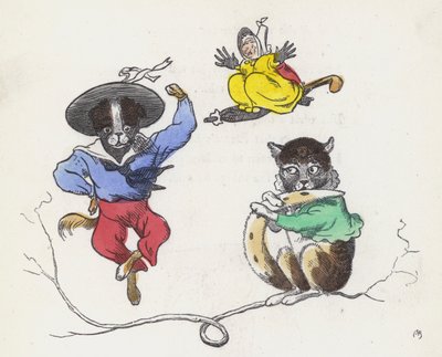 デイム・トロッティペグとペットの猫と犬（カラー彫刻 作： Charles Henry (after) Bennett