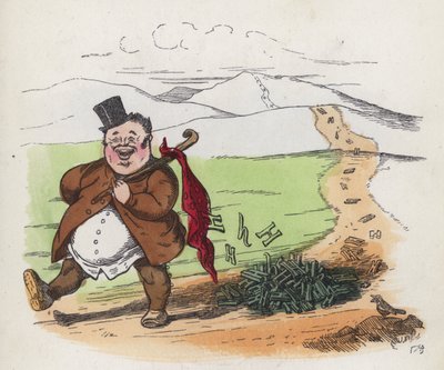 縫い目を落としながら道を歩く太った男（カラー彫刻 作： Charles Henry (after) Bennett