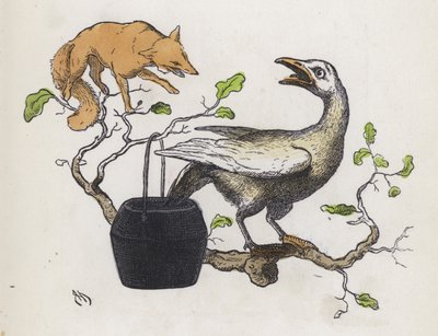 接着剤の入った鍋に尻尾を入れたキツネとガチョウ（彩色済み彫刻 作： Charles Henry (after) Bennett