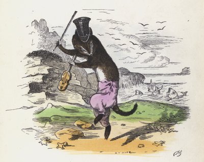 ヴァイオリンを弾いて踊るフランスのイタチ（彩色済み彫刻 作： Charles Henry (after) Bennett