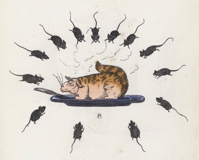 皿の上の大食漢の猫が空腹のネズミに囲まれている（彩色済み彫刻 作： Charles Henry (after) Bennett