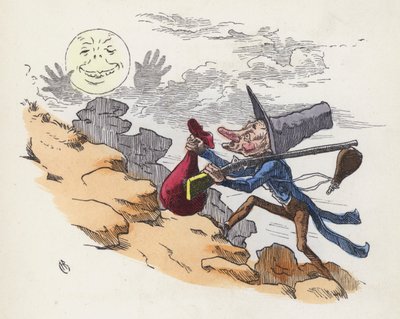 丘に登って月を撮影する男（彩色彫刻 作： Charles Henry (after) Bennett