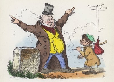 ロンドンへの道で旅人に混乱した道案内をする男（彩色済み彫刻 作： Charles Henry (after) Bennett