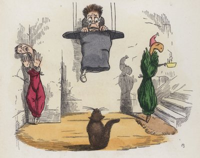 猫が怖くて帽子をかぶって天井からぶら下がっている男性（彩色済み彫刻 作： Charles Henry (after) Bennett