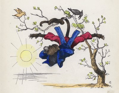 尻尾で木にぶら下がる猿（彩色済み彫刻 作： Charles Henry (after) Bennett