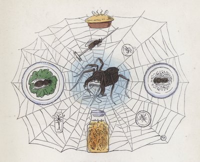 食べ物に囲まれた巣の中のクモ（彩色済み彫刻 作： Charles Henry (after) Bennett