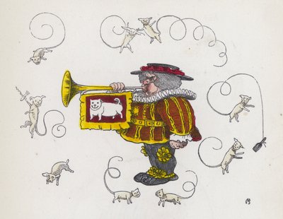 巻き毛の犬に囲まれてトランペットを吹くタウンクライヤー（彩色彫刻 作： Charles Henry (after) Bennett