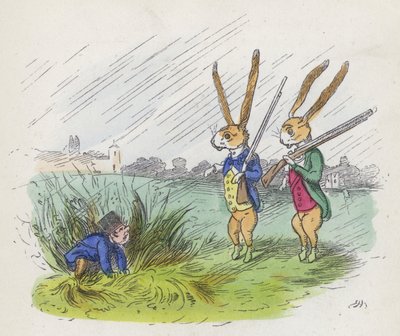 2匹の擬人化されたウサギが狩りをしている様子（彩色済み彫刻 作： Charles Henry (after) Bennett