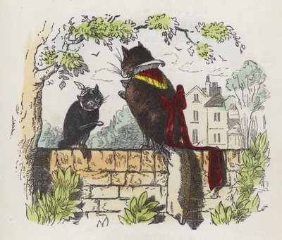 庭の壁に描かれた2匹の猫（彩色済み彫刻 作： Charles Henry (after) Bennett
