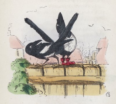 庭の柵の上にいる2羽のカササギ（彩色済み彫刻 作： Charles Henry (after) Bennett