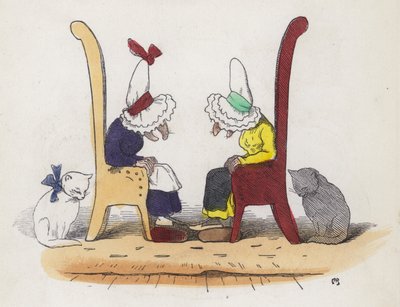 二人の老婆が話しているうちに眠ってしまった（彩色済み彫刻 作： Charles Henry (after) Bennett