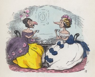 鼻の大きな女性2人がお茶を飲んでいる様子（彩色済み彫刻 作： Charles Henry (after) Bennett