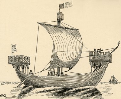 ドーバーシールに基づくエドワード1世の時代の船、1284年、1931年 作： Charles Henry Bourne Quennell
