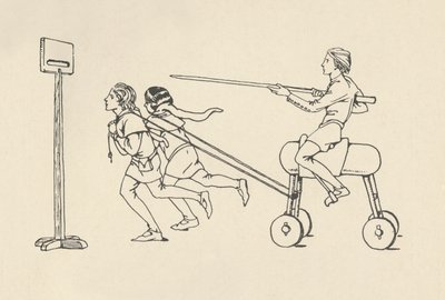 1340年頃、アレクサンダーのクインテインロマンスで乗馬をしている少年たち。Bodleian、1931年 作： Charles Henry Bourne Quennell