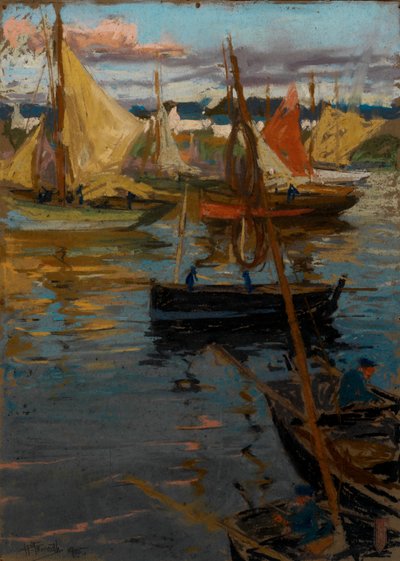 影にバラの小道がある夕焼け (Boats Concarneau) 作： Charles Henry Fromuth