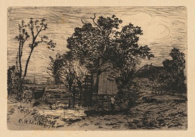 [コテージとボートの中の二人の人物]、1878。 作： Charles Henry Miller