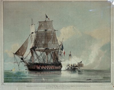 1798年8月18日、HMS「リアンダー」とフランス艦「ル・ジェネリュー」との戦闘（カラーリトグラフ） 作： Charles Henry Seaforth