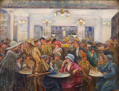 休憩中のLAlympiaの飲酒室、1918年頃（キャンバスボードに油彩） 作： Charles Henry Tenre