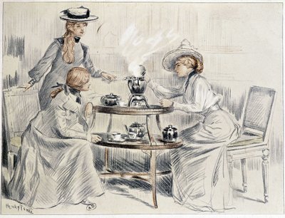 小さなサモワールを囲んでお茶を飲む女性たち - アンリ・テンレのドローイング、1910年頃 作： Charles Henry Tenre