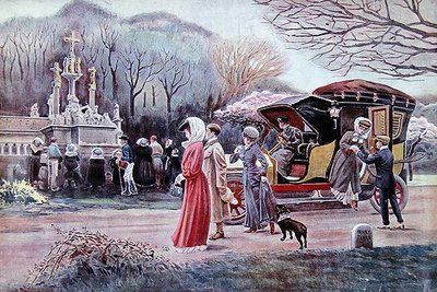 イースターの日、ブルターニュ地方の道端にあるカルバリーの前で祈りを捧げる旅人たち 作： Charles Henry Tenre
