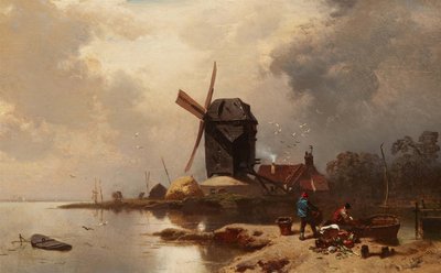 ドイツ語：Bockwindmühle an einem Seeufer 湖畔のポストミル 作： Charles Hoguet