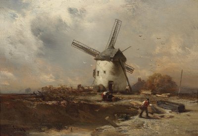 風車と装飾人物のある風景 作： Charles Hoguet