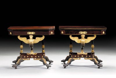 2つの古典的な彫刻が施されたカードテーブル、c.1815（パーセルギルトローズウッド） 作： Charles Honore Lannuier