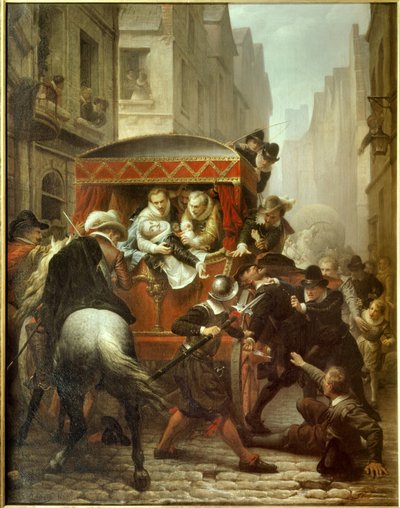 ヘンリー4世の死：「フランス王ヘンリー4世の暗殺とラヴァイヤックの逮捕」 1610年5月14日、パリのフェロンネリー通りで、フランス王ヘンリー4世（1553-1610）の暗殺とフランソワ・ラヴァイヤック（1578-1610）の逮捕が行われた。シャルル・グスタフ・ホーによる絵画 作： Charles Housez