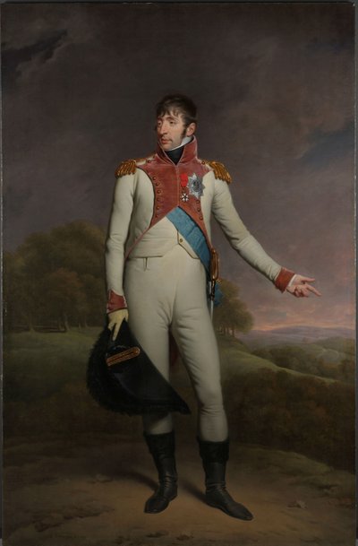 オランダ王ルイ・ナポレオンの肖像 ルイ ナポレオン (1778-1846)、1806 年から 1810 年までオランダの王であり、ライフ ガードの制服を着て歩いており、オランダ連邦王立勲章のグランド クロスと L のオフィサーズ クロスで飾られています。 作： Charles Howard Hodges