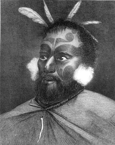 ジェームズ・クック大尉による「世界一周南極への旅」のイラスト、ニュージーランド人の肖像、1728-79 作： Charles Howard Hodges