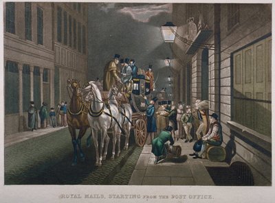 中央郵便局の外にある郵便馬車、ロンバード ストリート、シティ オブ ロンドン、1827 年 作： Charles Hunt